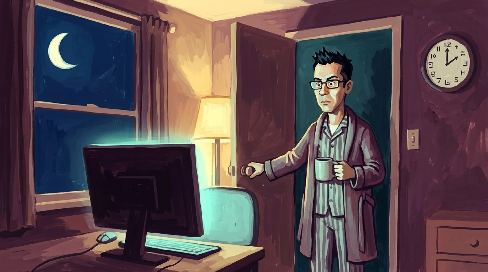 Chris, painted in gouache, wakes at night to a desktop PC glowing on its own