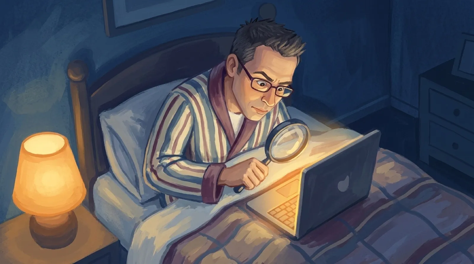 A storybook-style painting of Chris in a bathrobe leaning over a bed with a magnifying glass, inspecting a closed laptop tucked under the covers that glows from inside.