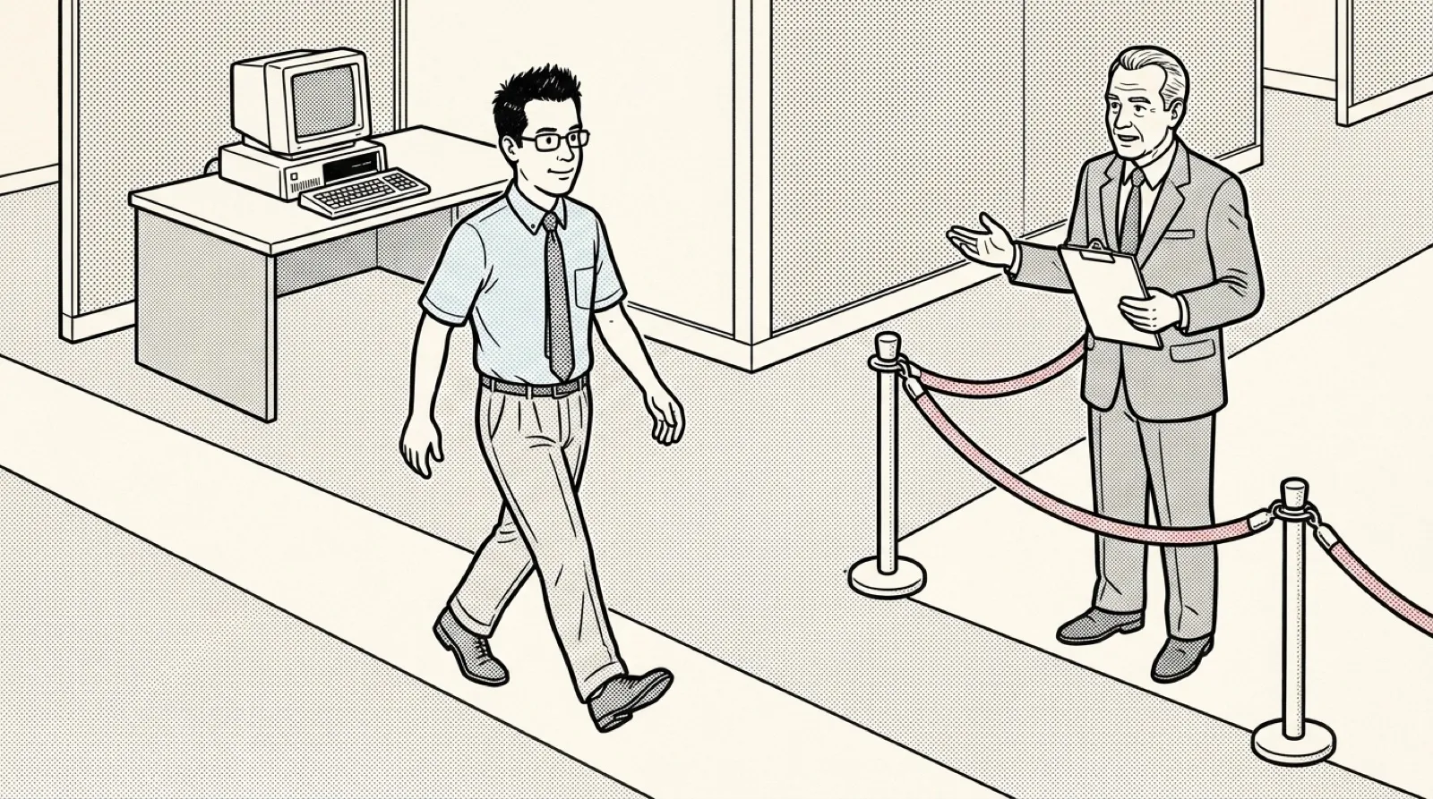 Chris in a 1980s office stands where a painted floor path forks into two diagonal stripes leaning opposite ways, stepping onto the backward-leaning one because a stranger in a suit has roped off the other.