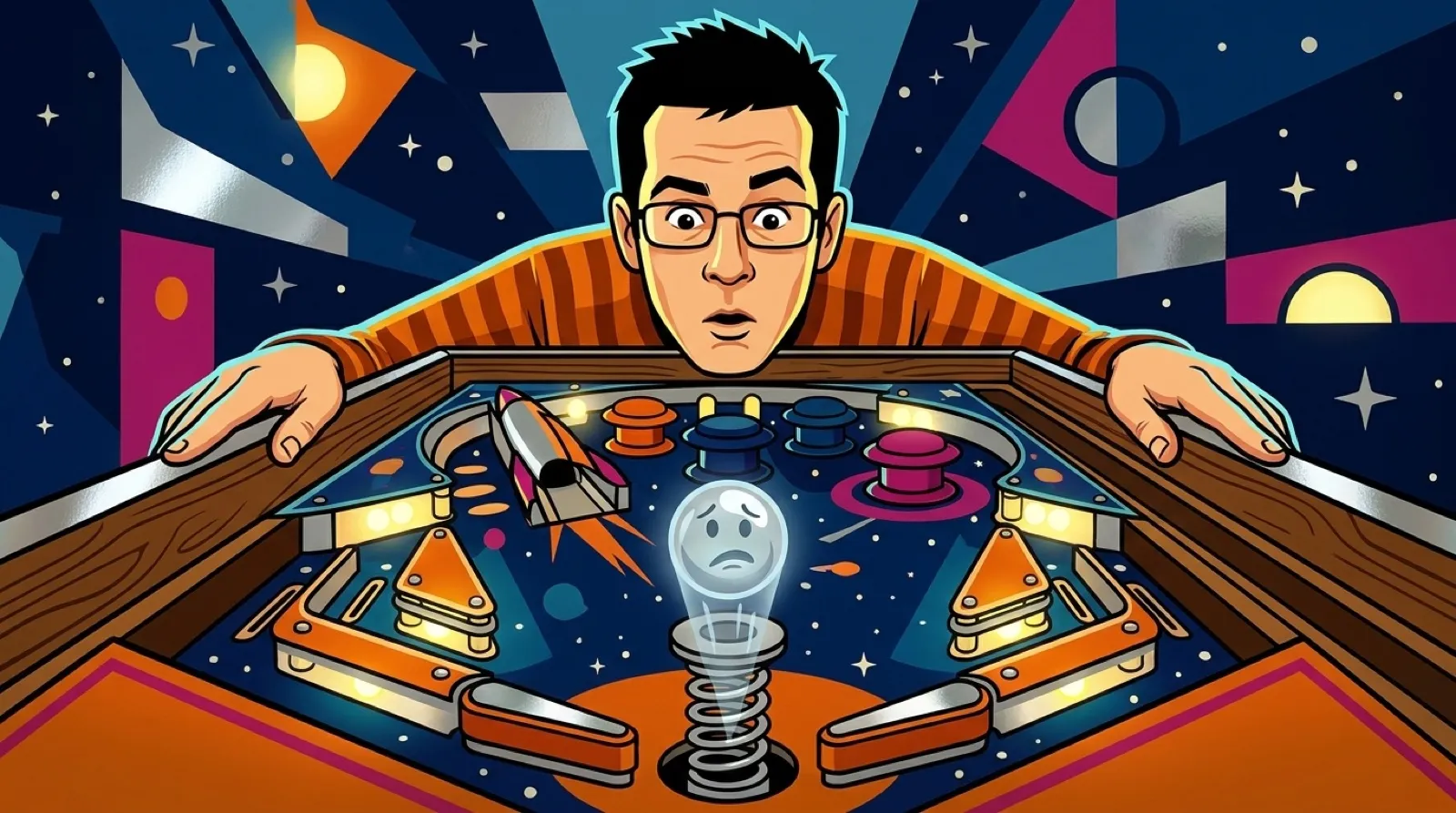 Chris leans over a pinball table and watches a see-through ghostly ball sink straight through the launch plunger.