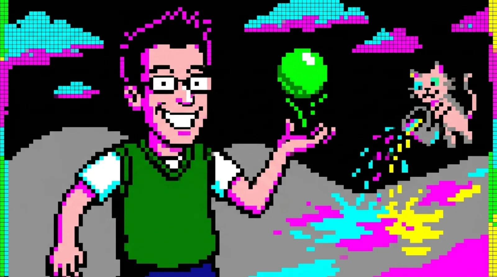 Chris balances a bouncing green ball on his palm while a small floating cat pours colored droplets onto gray hills, drawn in blocky two-colors-per-cell 8-bit attribute clash.