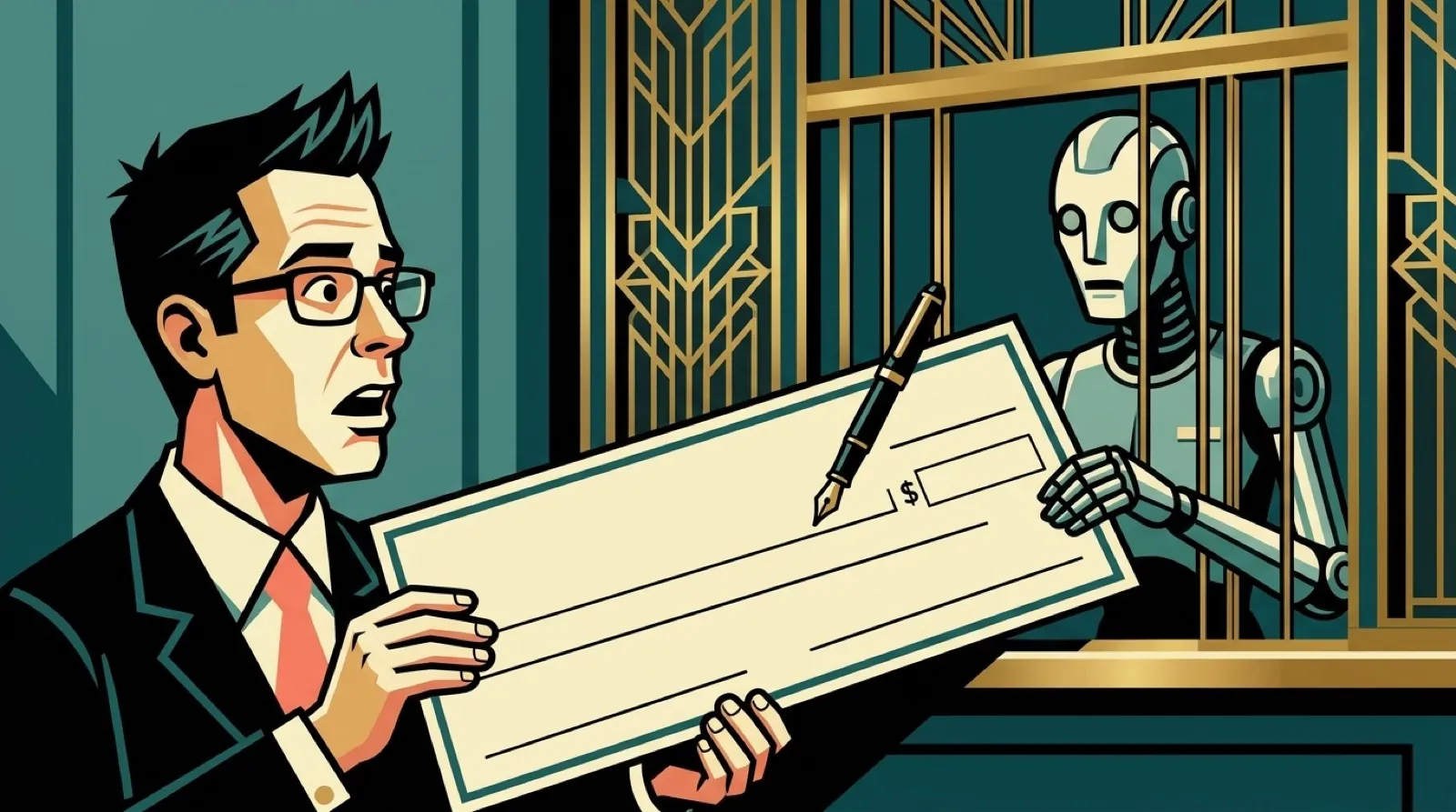 Chris Pirillo stands at a bank teller's window holding an oversized blank cheque while a faceless robot clerk behind the bars reaches for it