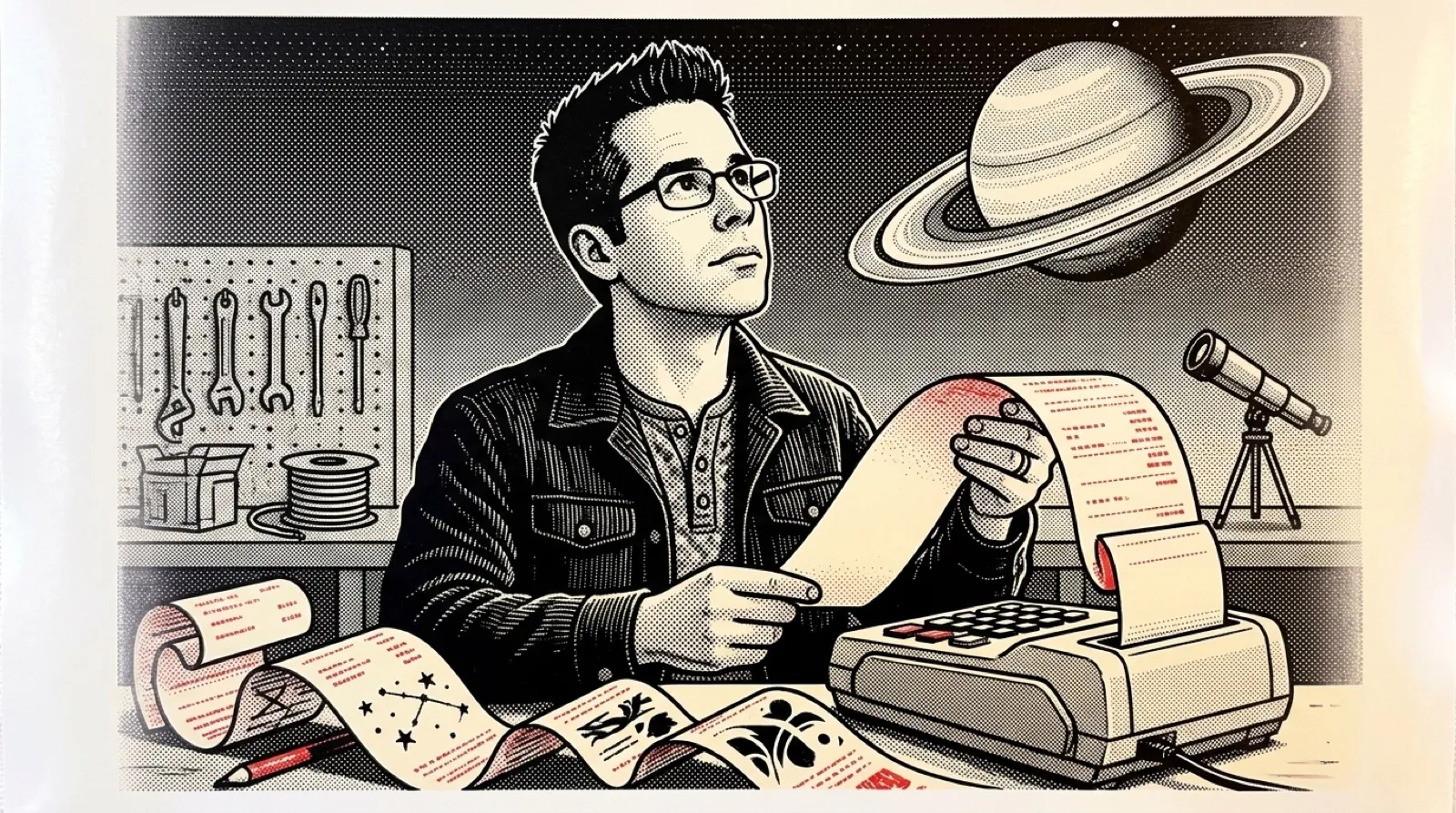 Chris, drawn as a red-and-black thermal printout, holds up a long curling receipt from an old card terminal while a ringed planet hangs in the night sky behind him