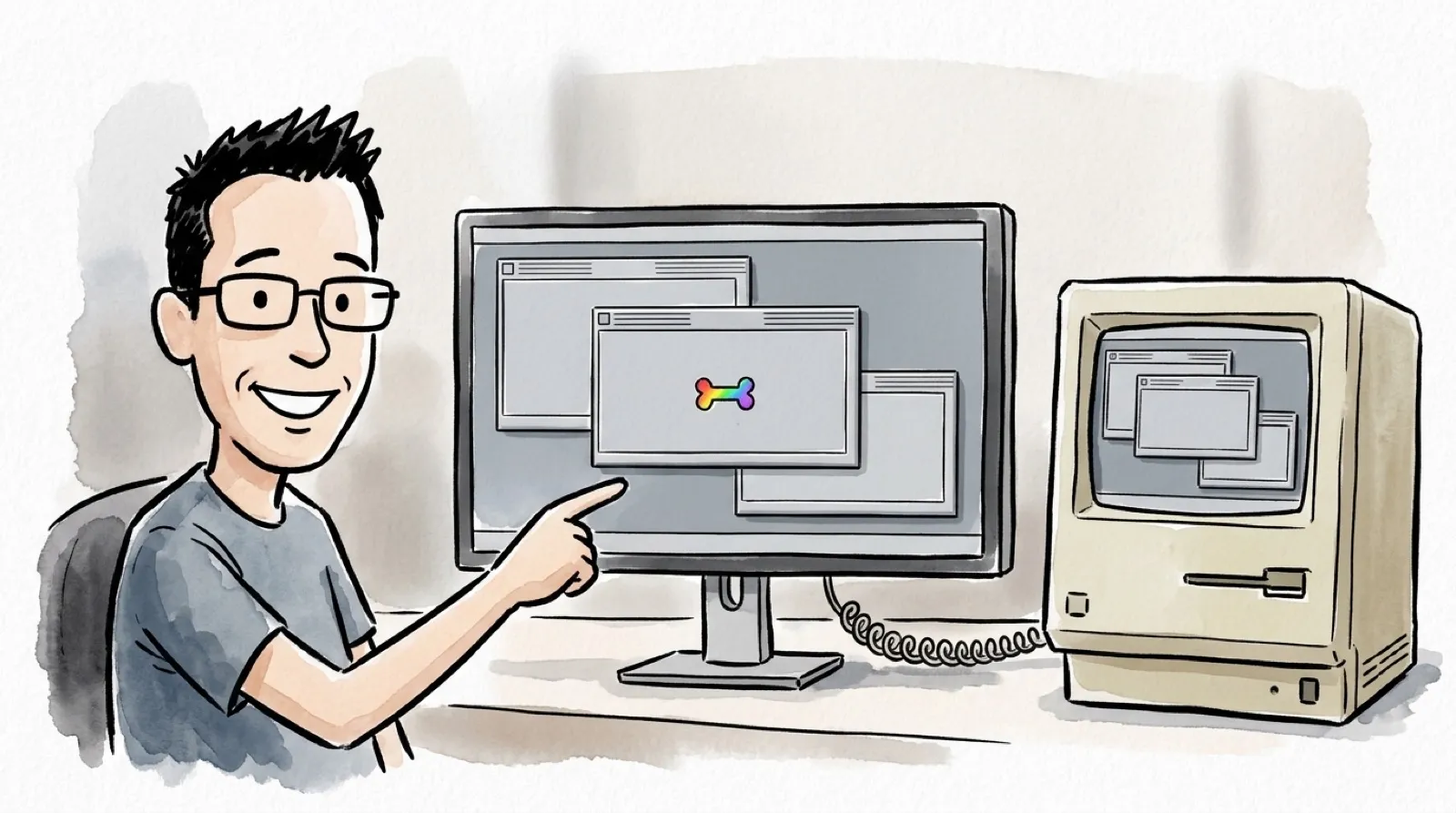 Chris at a modern flat monitor showing grey striped-title-bar windows, with a beige vintage computer cabled to it on the desk beside him