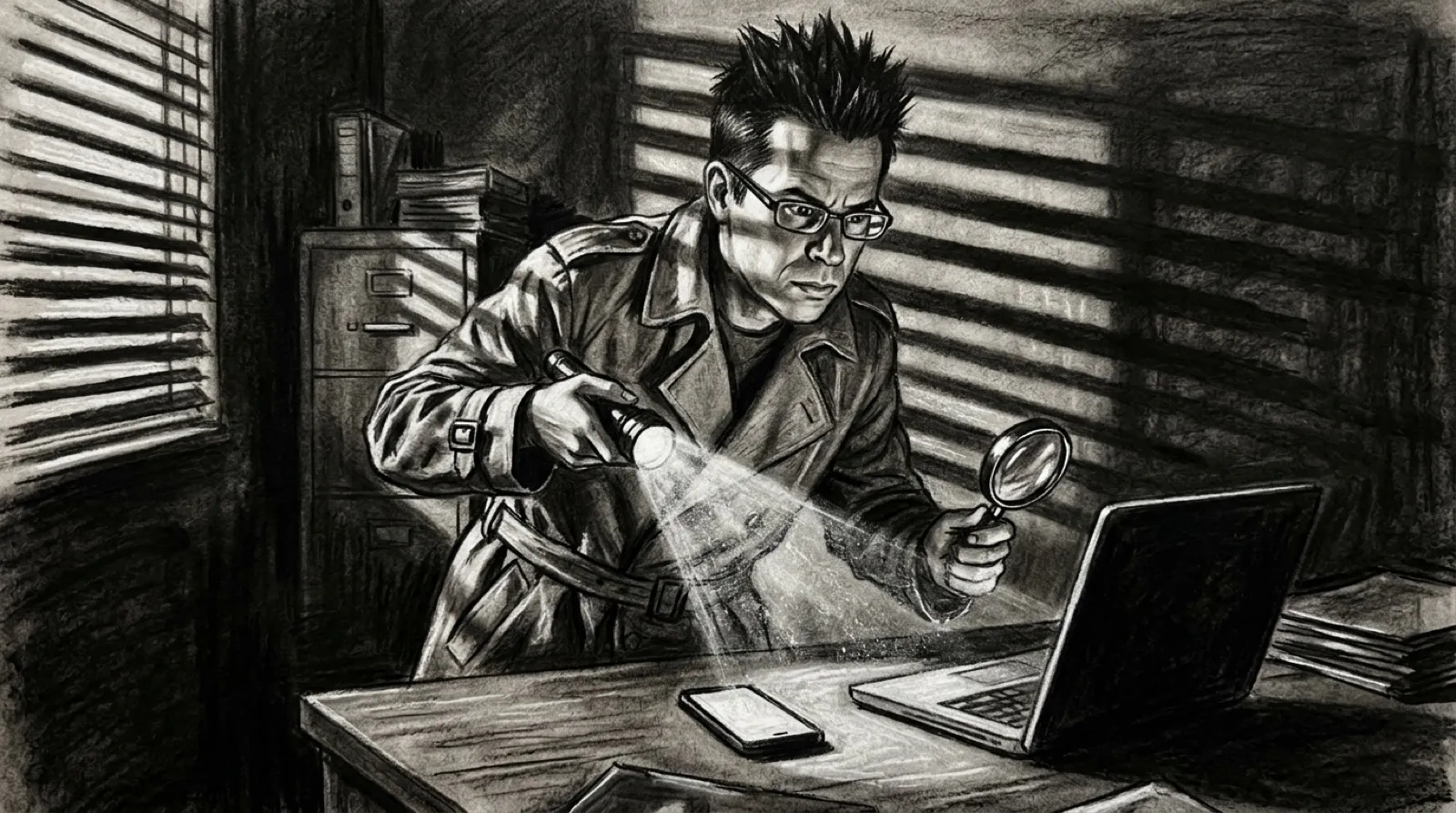 Chris shines a flashlight over a phone and laptop on a desk at night